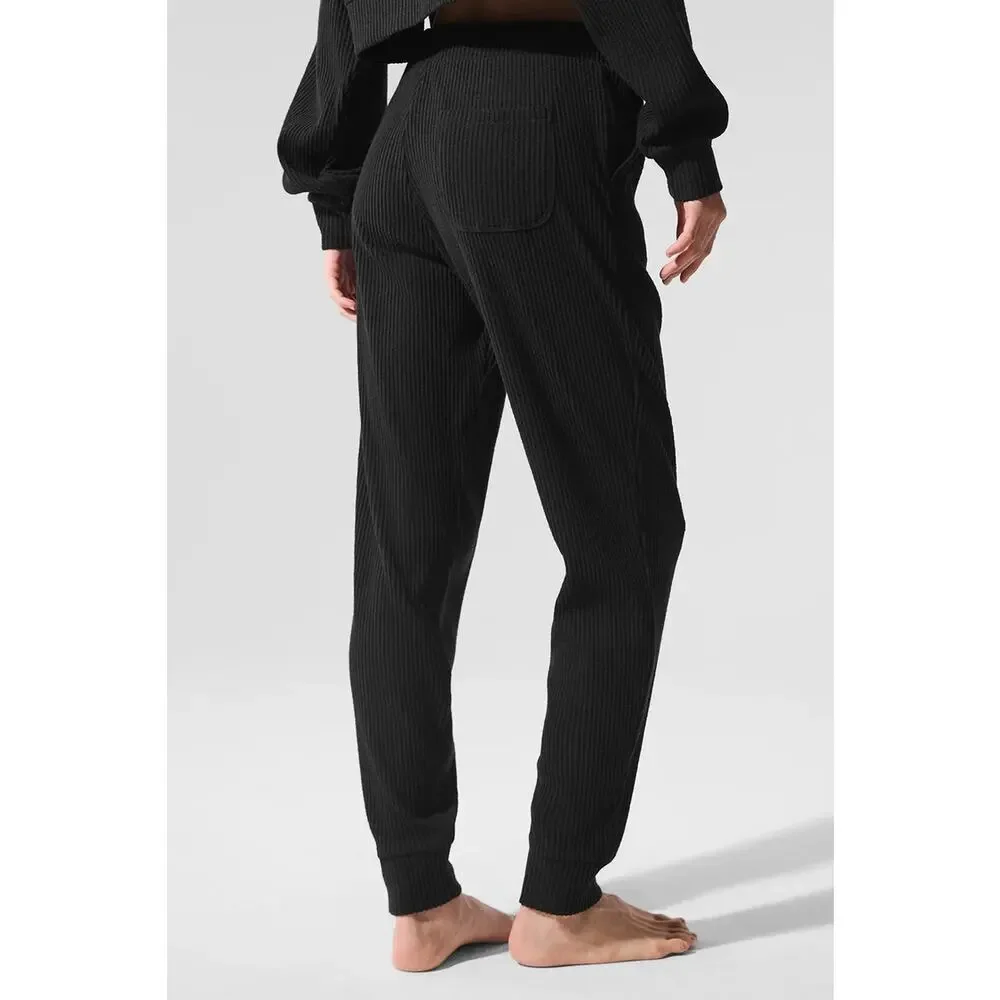 Alo Yoga Muse Sweatpant Black Ribbed Jogger High Rise Lounge Athleisure Women